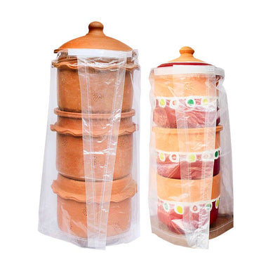 Daily Dump composter raincoats on small painted khambha and large khamba composter